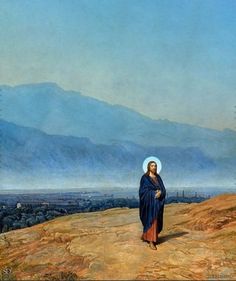 a painting of a man standing on top of a hill