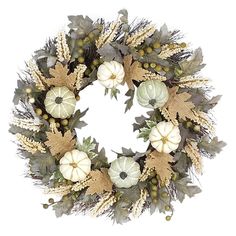 a wreath with white pumpkins and green leaves