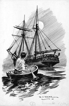 an old drawing of a man in a boat on the water with a ship behind him