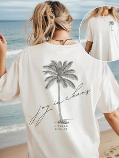 Blanco Casual Collar manga corta Tela tejida Letras,Plantas,Frase  Embellished Elástico Ligero Palm Tree Print, Vacation Style, Plus Size T Shirts, Palm Tree, Palm Trees, Casual Shorts, Round Neck, Textiles, Plus Size