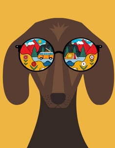 a brown dog wearing glasses with mountains and trees on it's eyes, in front of a yellow background