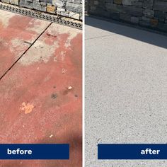 before and after photos of a sidewalk with red paint on it, the concrete has been cleaned