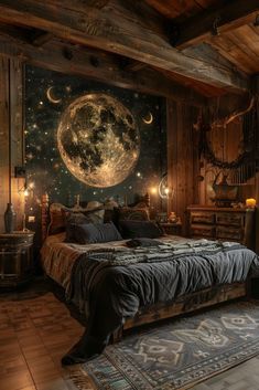 a bed room with a neatly made bed next to a night sky mural