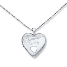 This delightful heart-shaped locket necklace for her is decorated with the sentiment "Forever in my Heart." The sterling silver pendant sways from an 18-inch cable chain that fastens with a spring ring clasp. Forever In My Heart, Jewelry Advice, Heart Locket Necklace, Necklace For Her, Kay Jewelers, Heart Locket, Accessories Jewelry Necklace, Silver Pendants, Locket Necklace