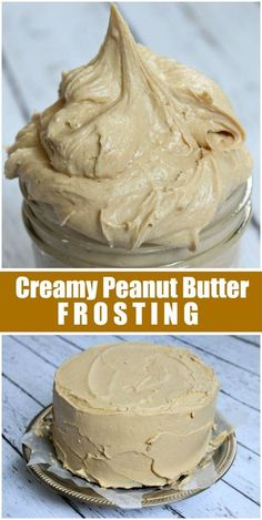 two pictures showing how to frost a peanut butter frosting cake with the words creamy peanut butter frosting on top