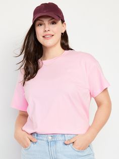 rib-knit crew neck short drop-shoulder sleeves vented sides loose fit hits below waist models are approx.  5'9" and wear sizes s (4), l (12), and xl (18) Casual Pink Short Sleeve T-shirt, Trendy Solid T-shirt With Shirttail Hem, Basic Pink Cropped T-shirt With Short Sleeves, Solid Cropped T-shirt For Streetwear, Summer Relaxed Fit Scoop Neck T-shirt, Relaxed Fit Scoop Neck T-shirt For Summer, Summer Scoop Neck T-shirt With Relaxed Fit, Basic Short Sleeve T-shirt For Streetwear, Trendy Plain Crew Neck Tops