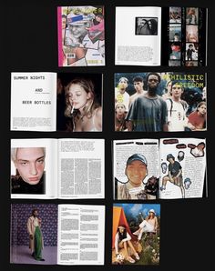 an assortment of magazine pages spread out on a black background, with images of people