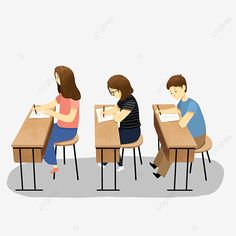 three people sitting at desks with papers in front of them, one person is writing