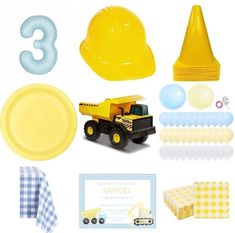 construction themed birthday party supplies including balloons, plates and napkins