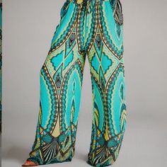 Fits Sizes 4 To 16, 40" Inseam, 60% Cotton, 4% Polyester, Machine Washable, Imported, One Size, Turquoise Green Printed Trousers, Printed Blue Bottoms For Vacation, Blue Printed Bottoms For Vacation, Green Printed Wide-leg Pants, Green Printed Straight Pants, Printed Green Pants For Vacation, Green Printed Beach Pants, Green Printed Pants For Vacation, Bohemian Turquoise Bottoms For Vacation