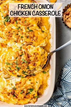 french onion chicken casserole in a white dish with a spoon on the side