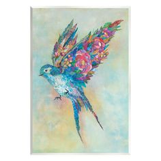 a painting of a bird with flowers on it's wings flying in the air