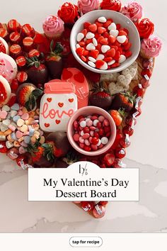 valentine's day dessert board with hearts and candy