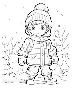 a young boy in winter clothes standing in the snow