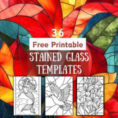 three stained glass images with the words free printable stained glass templates on them