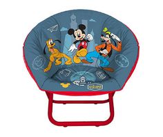 the mickey mouse and pluto chair is blue with red trimmings, which has cartoon characters on it