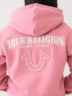 SUPER T FLEECE ZIP HOODIE - Pink | True Religion Pink True Religion, Clothing Necessities, True Religion Hoodie, Cute Online Clothing Stores, Popular Clothing Brands, Outfit Pieces, Kids Denim, Cute Simple Outfits, Pink Hoodie