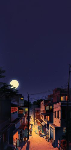 an image of a city street at night with the moon in the sky above it