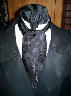 Men's Ascot or Carvet Necktie black rose brocade print 4" x 57" Wedding, Civil War Reenacting cravat tie with matching pocket square puff Rose Print Fabric, Brocade Print, Wedding Groomsmen Attire, Groomsmen Attire, Bridesmaids And Groomsmen, Steampunk Fashion