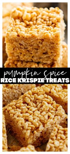 pumpkin spice rice krispies treats are stacked on top of each other and ready to be eaten