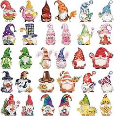 many different colored gnome figurines on a white background