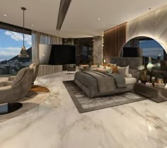 a large bedroom with marble floors and walls