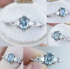 four different views of an engagement ring with blue topazte and diamond sidestones