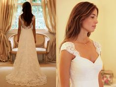 a woman in a wedding dress looking at herself in the mirror and before and after