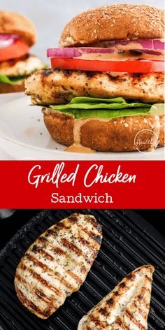 grilled chicken sandwich with tomatoes, lettuce and onions on the grill top