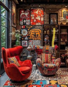 a living room filled with lots of colorful furniture and art on the wall behind it