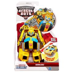 a yellow toy car with a bumblebee figure on it's back side