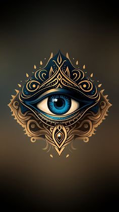 an eye with ornate designs on it, and the iris in the center is blue