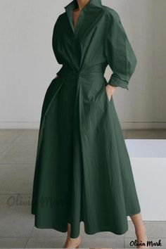 Color: Army Green, Size: S Elegant Shirt Dress, Alledaagse Outfit, Long Top Dress, Textil Design, Gaun Fashion, Black Linen Dress, Dress Sleeve Length, Maxi Shirts, Sleeves Clothing