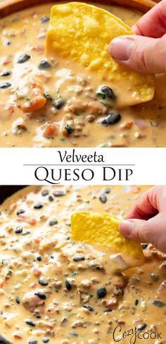 two pictures of quesadilla dip with tortilla chips being dipped into it