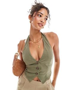 Miss Selfridge linen look halter vest in khaki | ASOS Fitted Waistcoat, Halter Vest, Winter Party Dress, Long Sleeve Floral Dress, Sweaters And Leggings, Satin Slip Dress, Maxi Dress Trend, Petite Maternity, Adidas Samba