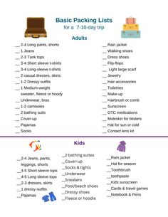 A basic packing list for every trip, plus packing lists for outdoor, winter and beach vacations, your carry-on and traveling with babies. All in one place. All printable! #printable #packinglist #vacation #planning #beachlist #wiinterlist #outdoorlist #toddlerlist Family Road Trip Packing List, Winter Vacation Packing, Winter Vacation Packing List, Beach House Getaway, Winter Family Vacations, New England Christmas, Medicine Kit, Minimal Packing, Printable Packing List