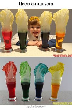 there are four different shots in the same cup and one is filled with colored liquid