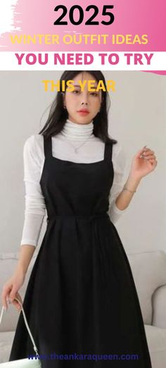 An Asian woman wears a white turtleneck sweater under a black summer dress and carries a white handbag. Maxi Dress With Sweater, Winter Looks For Women, Casual Winter Looks, Style A Maxi Skirt, Dress In The Winter, Casual Winter Outfits For Women, Winter Outfits For Women, Chic Winter Outfits, Summer To Fall