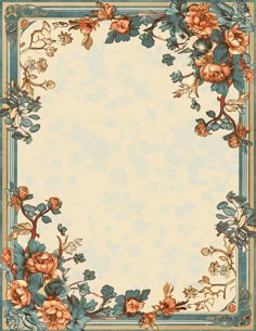 an ornate frame with flowers and leaves in blue, beige and orange colors on a white background