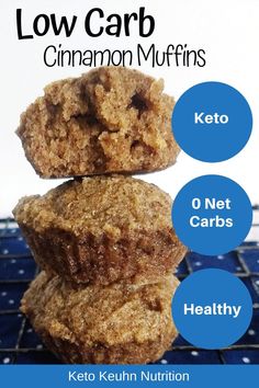 three keto cinnamon creme muffins stacked on top of each other with the words keto