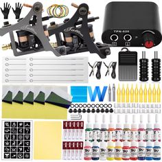 the complete tattoo kit includes two machines, inks and markers