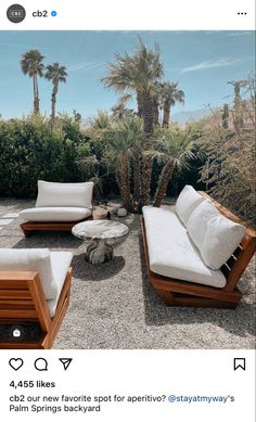 an outdoor seating area with palm trees in the background and white cushions on top of it