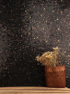 a potted plant sitting on top of a wooden table next to a black wall