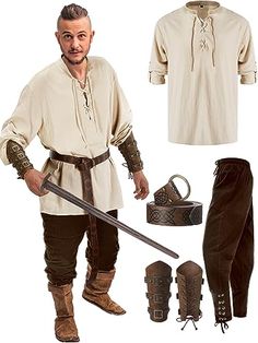 Jiuguva 4 Pcs Halloween Men's Renaissance Costume Set Medieval Pirate Shirt Ankle Banded Pants Viking Belt Accessories Carnival, Retro Vintage, Halloween, Pants, Trousers