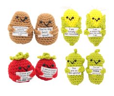 crocheted fruit and vegetable magnets with words written on them that say you're my pick - up