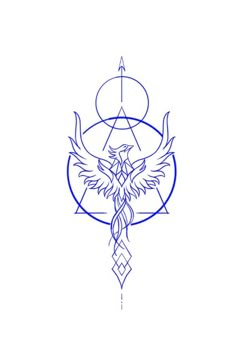 a blue and white tattoo design with an eagle on the cross, surrounded by triangles