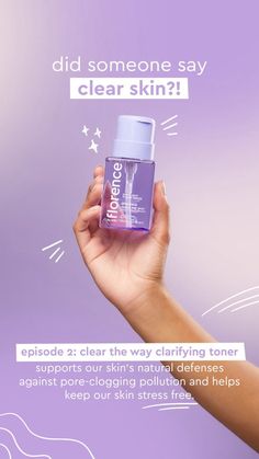 someone holding up a bottle of clear skin in front of a purple and white background