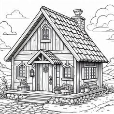 a drawing of a small house with a porch and steps leading up to the front door