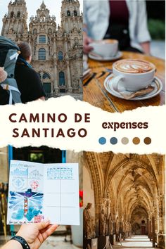 a collage of photos with coffee and architecture in the background, including an image of a cathedral