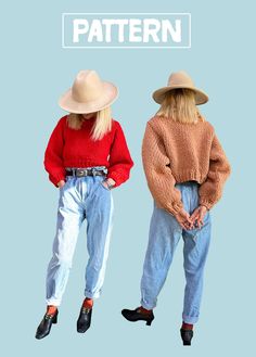 two women wearing hats and jeans with the words pattern on them